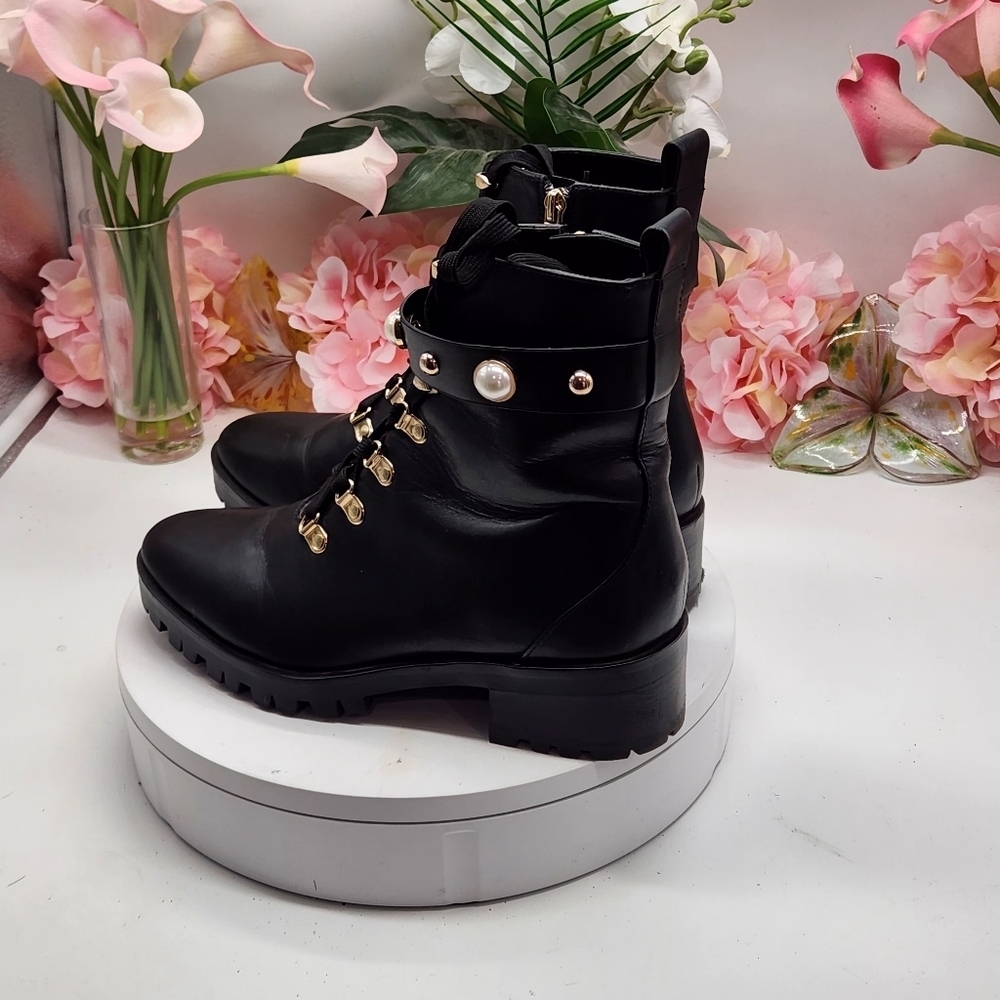 Karl Lagerfeld Lace-up Combat Boots Gold & Pearl Studded Sz 9.5M - Picture 4 of 15